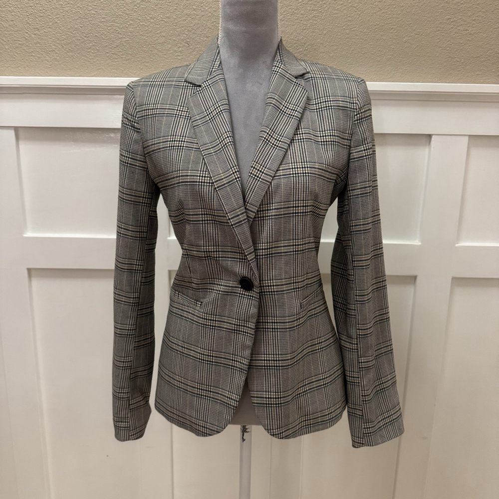 New Zara Check Plaid Blazer Size:6 Gray Brown 1 Button Vent Pockets